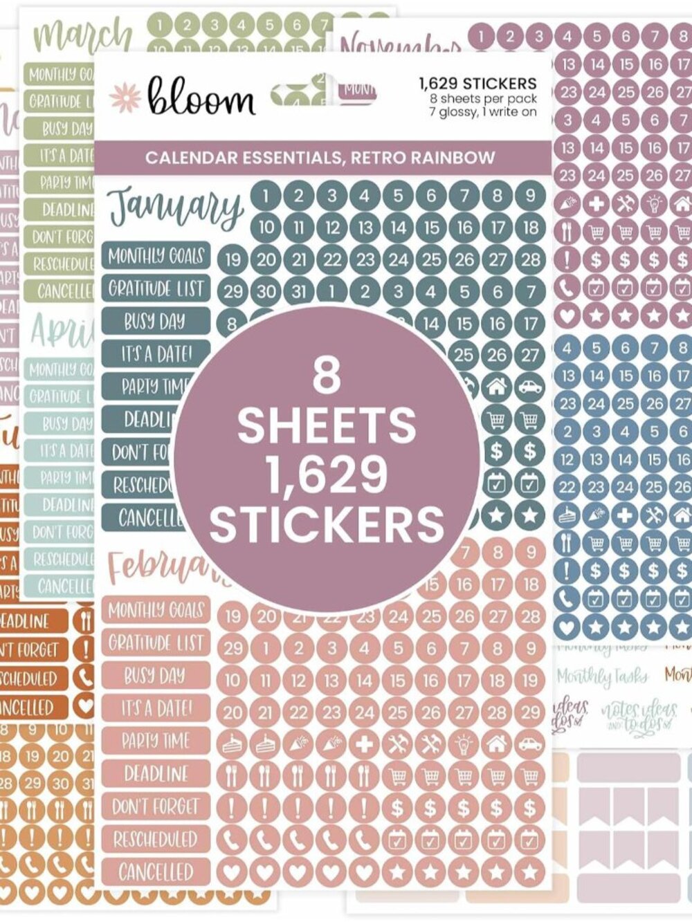 Calendar Essentials Planner Stickers - 8 Sheets, 1629 Stickers Per Pack! - Color